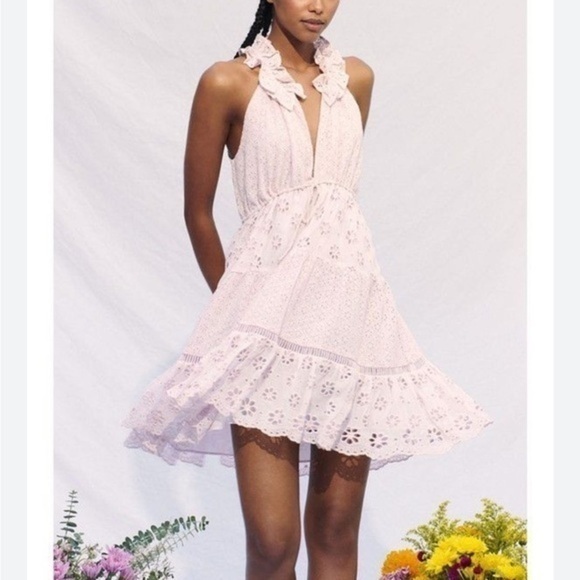 SAYLOR Dresses & Skirts - Saylor Jessika Mixed Eyelet Dress Blush Mini Ruffles Sleeveless Tie Waist Small